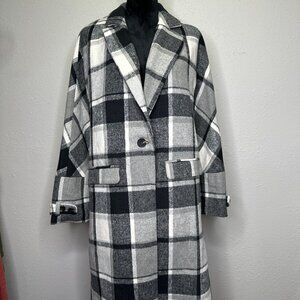 Listicle Longline Plaid Coat – Black/White/Grey Check, Lined, Size M, NWT